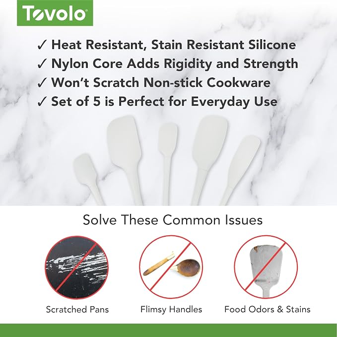 Tovolo Flex Core 5 Piece Silicone Spatula Set Heat Resistant All Silicone Utensils Include Non Stick Spatula Spoonula Jar Scraper, Dishwasher Safe BPA Free Spatulas for Baking Mixing, White - Image 3