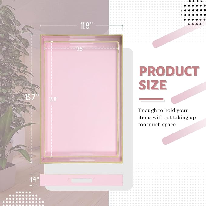 Pink Serving Tray with Handles, Plastic Decorative Tray Set of 2 | Pink Decorative Tray for Coffee Table, Modern Ottoman Tray, Rectangle Melamine Tray for Living Room, 15.8"L x 10.2"W x 1.4"H - Image 2