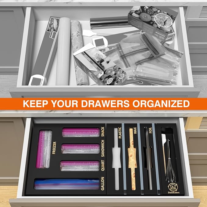DALSHABET 9 IN1 Bamboo Storage Bag Drawer Organizer with Cutter, Foil and Plastic Wrap Dispenser for Kitchen Storage Compatible with All Brands Gallon, Quart, Sandwich & Snack Size Bags - Black - Image 2