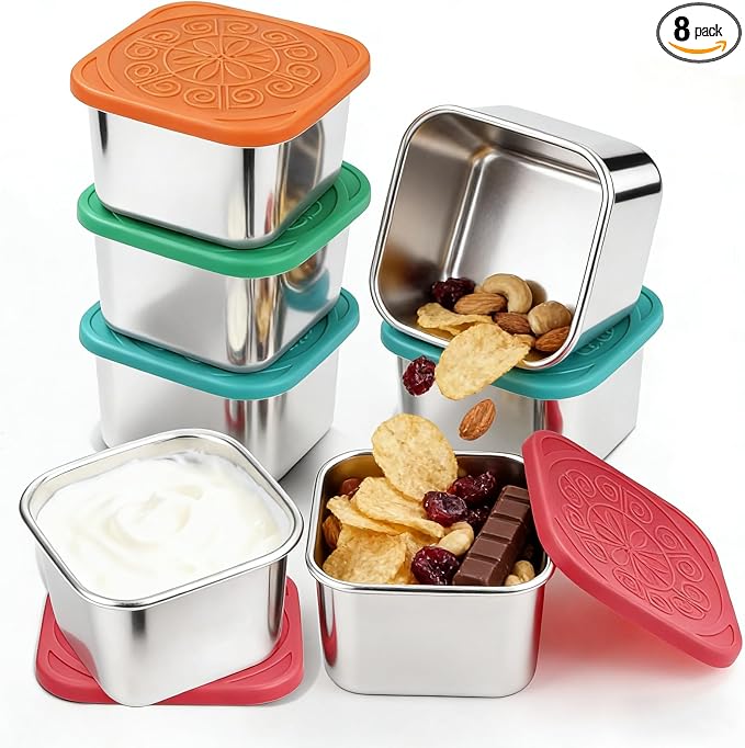 Stainless Steel Snack Box Containers - 8 Pack 6oz Reusable Small Snack Containers with Silicone Lids, 304 Metal Stackable Food Storage Cups, Salad Dressing Dipping Sauce for Travel, Picnic by Unknown