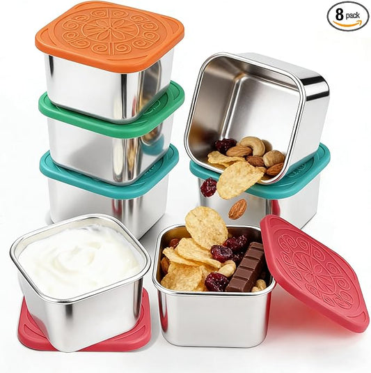 Stainless Steel Snack Box Containers - 8 Pack 6oz Reusable Small Snack Containers with Silicone Lids, 304 Metal Stackable Food Storage Cups, Salad Dressing Dipping Sauce for Travel, Picnic by Unknown