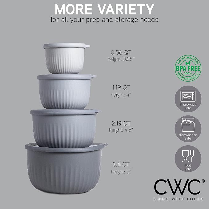 COOK WITH COLOR Prep Bowls with Lids- Wide and Deep Nesting Plastic Small Mixing Bowl Set with Lids, 8 Piece Set - Deep Bowls, Gray - Image 2