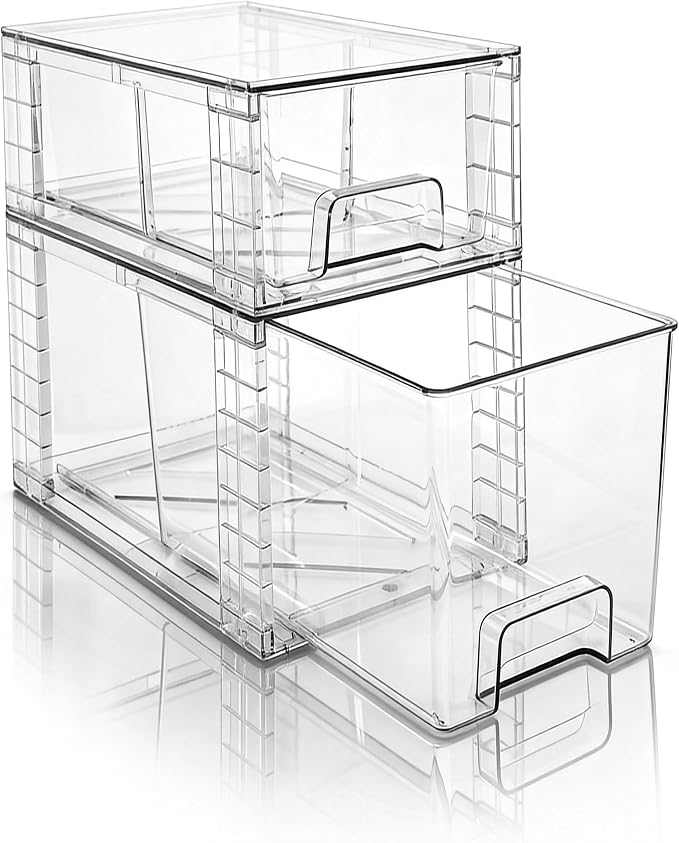 Clear Stackable Acrylic Storage Drawers(2 Pack), Plastic Organizer Bins with Handles, Easy Assembly for Bathroom Kitchen Pantry Cabinet Under Sink Snack Home Storage Solutions by XWYWX