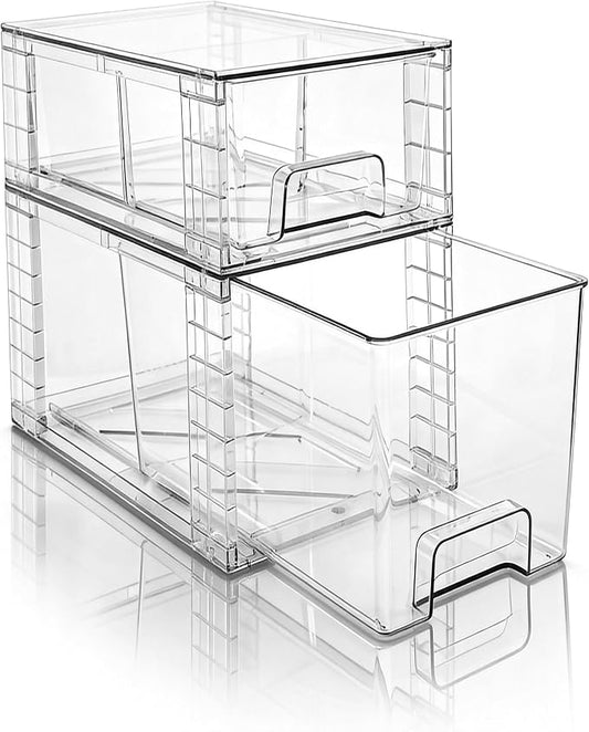 Clear Stackable Acrylic Storage Drawers(2 Pack), Plastic Organizer Bins with Handles, Easy Assembly for Bathroom Kitchen Pantry Cabinet Under Sink Snack Home Storage Solutions by XWYWX