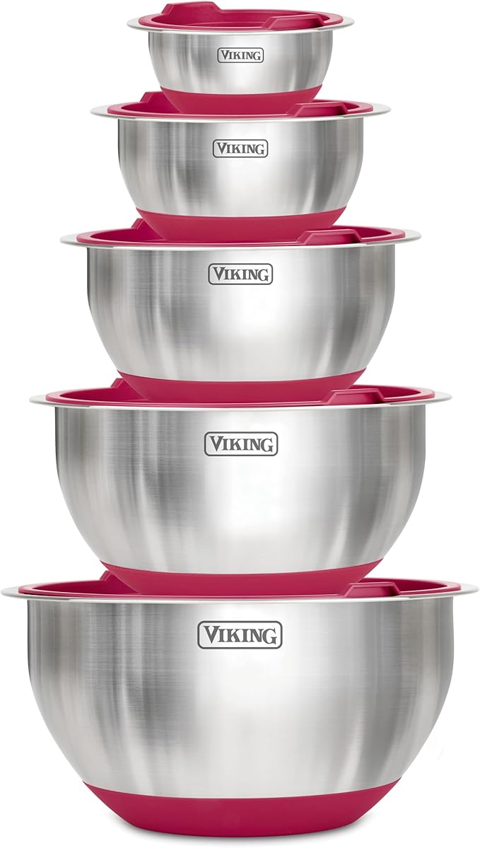 Viking Mixing Bowls Set, 10 Piece Stainless Steel Kitchen Cookware, Non-Slip Silicone Base, Includes Tight Fit Lids, Dishwasher Safe, Red by Unknown