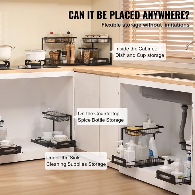 VEVOR Pull Out Cabinet Organizer, 2 Tier Under Sink Organizer and Storage(10.7"W x 14.2"D ), Slide Out Drawer Cabinet Organizer, Wire Basket Sliding Shelf for Kitchen Bathroom Cabinet, Black (2 Pack) - Image 3