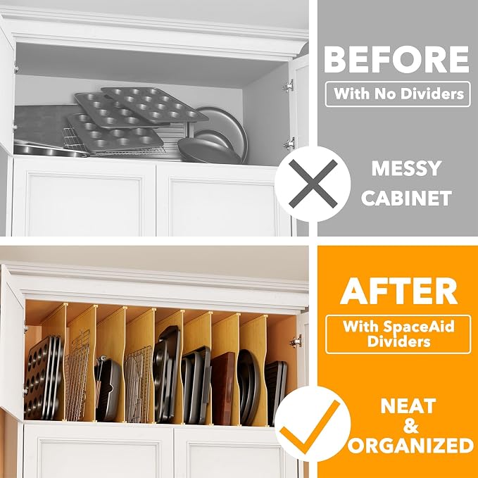 SpaceAid 8 Pack Tray Dividers for Cabinets, Bamboo Kitchen Cookie Baking Sheet Organizer for Cabinet, Vertical Pan and Trays Organizers for Pantry Storage - Image 2