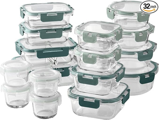COOK WITH COLOR Premium 32-Pc. Borosilicate Glass Food Container Set with Dividers - 4 Rectangles, 8 Rounds, 4 Squares - Leakproof Lids - Meal Prep, Storage, Ombre Green by CookwithColor
