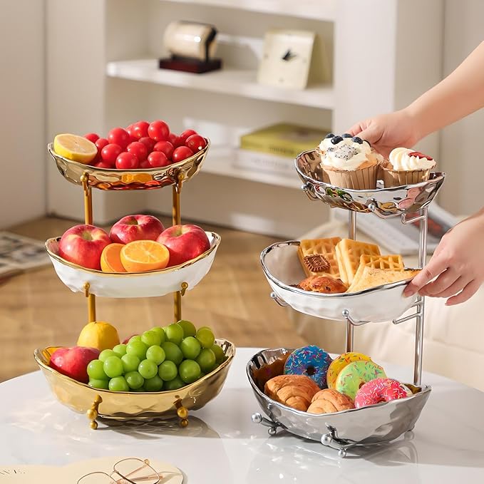 XUDREZ 3 Tier Fruit Bowl with Metal Stand for Kitchen Counter, Ceramic White Gold Silver, Tiered Fruit Basket for Nuts, Snacks, Bread, Candy Storage (Silver) - Image 5