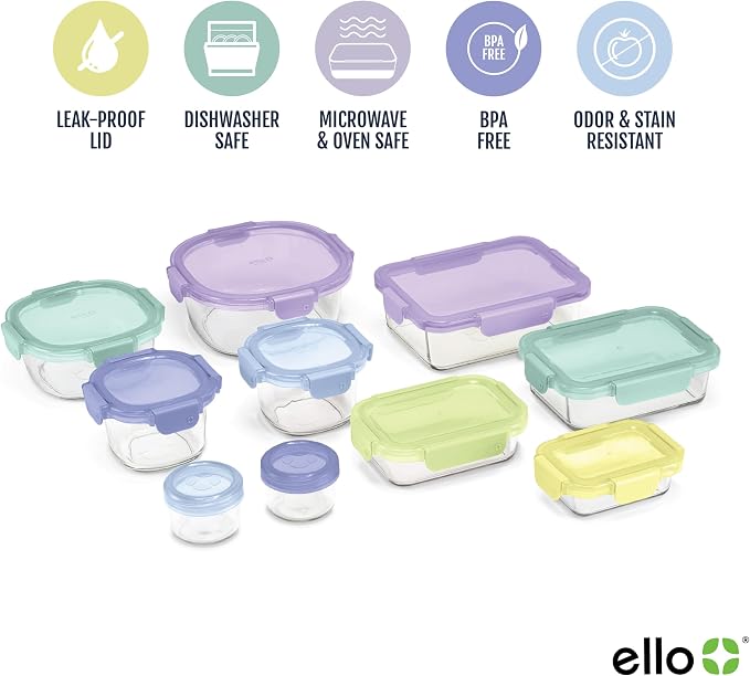 Ello Color Lock Glass Meal Prep Sets Leak-Proof Glass Food Storage Containers with Airtight BPA-Free Plastic Lids, Dishwasher, Microwave, and Freezer Safe - Image 3