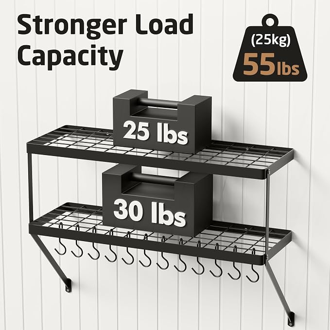 KES 2-Tier Wall Pot Rack, 30-Inch, 100 Lbs Load, Heavy-Duty, Matte Black | 12 Removable S-Hooks, Cast Iron Pots and Pans Organizer, 16-Inch Stud Spacing, Kitchen & Dining Storage - Image 3