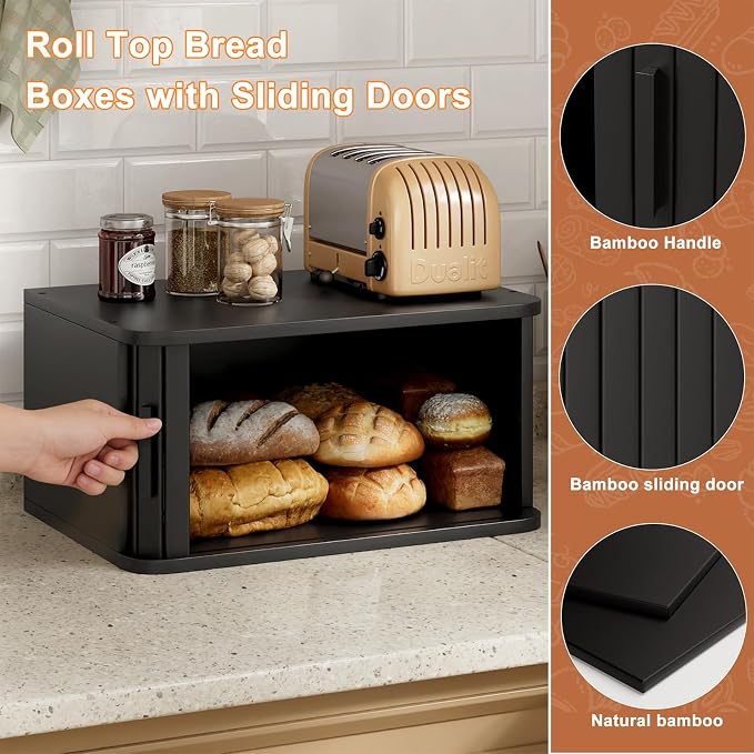 WOWLIVE Roll Top Bread Box for Kitchen Countertop, Bamboo Bread Storage | Airtight Bread Containers, Large Bread Bin with Sliding Door for Loaves, Bagels, Countertop Storage Cabinet, Black, Medium - Image 4