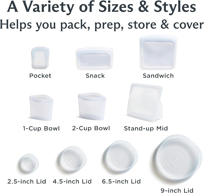Stasher Reusable Silicone Bags and Stretch Lids, 10-Pack Starter Kit, Clear | Food-Safe Silicone, Eco-Friendly, Reusable Freezer Bags, Microwave, Dishwasher, Oven, Snack Bags, Lunch Containers, Meal Prep - Image 4