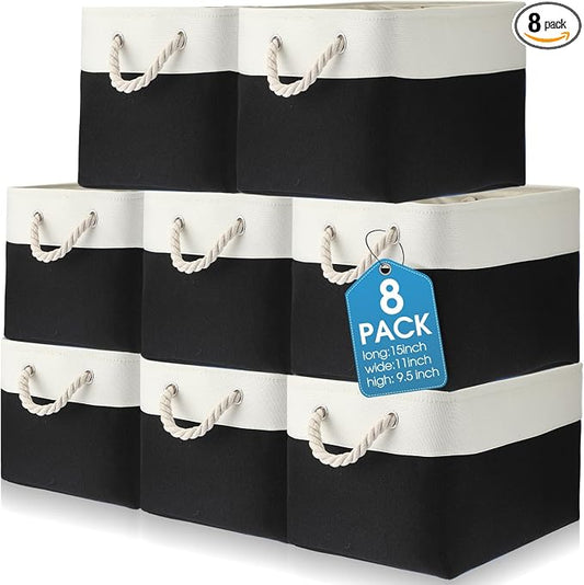 meekoo 8 Pack Collapsible Storage Bins Fabric Storage Bins Polyester Fabric Baskets with Handles Linen Closet Organizer for Shelf Home Closet Towels Toys(15 x 11 x 9.5 in,Black White) by meekoo