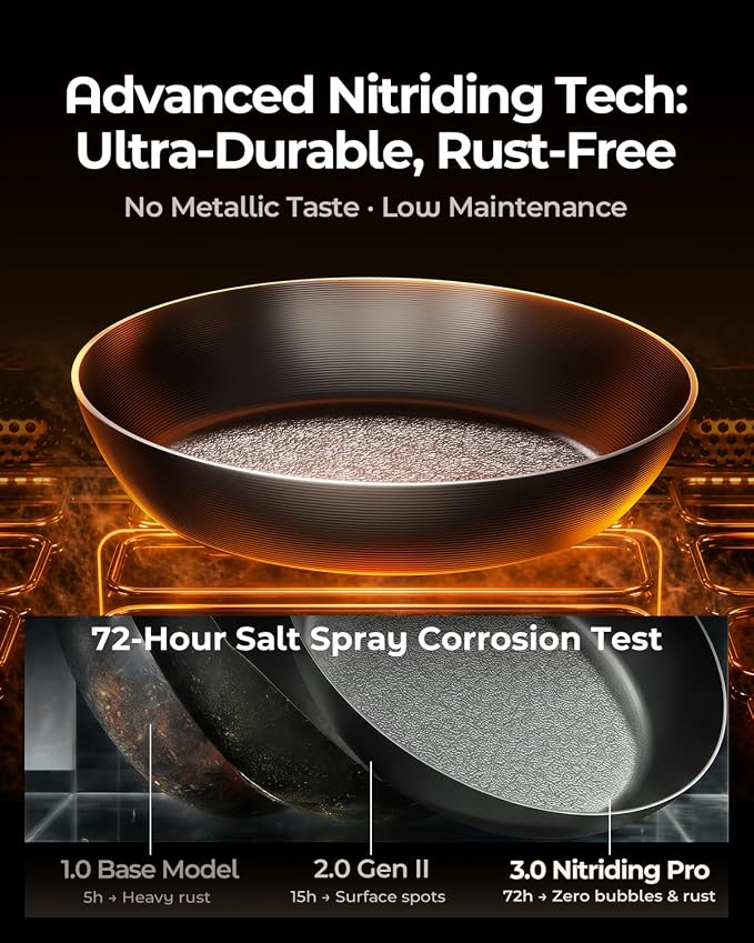 10 Inch Auto-Seasoning Nitrided Carbon Steel Pan, Professional Skillet for Induction Stovetop and Daily Searing, Pre-seasoned Frying Pan, Wooden Handle, PFAS & PFOA-Free - Image 4