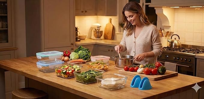 20 Pc Glass Food Storage Containers with Snap Lock Lids, Airtight & Leakproof, Bonus 2 Oven Silicone Gloves, Safe for Dishwasher, Oven, Microwave,Freezer, BPA Free - Image 5
