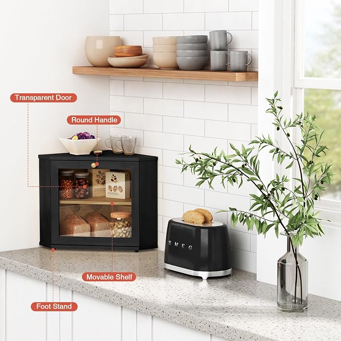 Goozii Corner Bread Box for Kitchen Countertop, Black Bread Storage Container for Homemade Bread, Two Layer Breadbox under Cabinet Mount, Large Bread Holder for Kitchen Counter, Pantry Shelf - Image 5