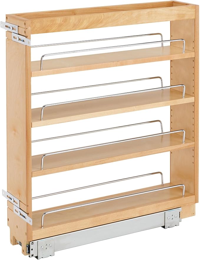 Rev-A-Shelf Pullout Kitchen Cabinet Organizer, Min Cabinet Opening 5.5" W | 5" W Slide Out Pantry Spice or Utensil Storage Rack with Adjustable Shelves for Base Cabinet Organization, 448-BC-5C by Rev-A-Shelf