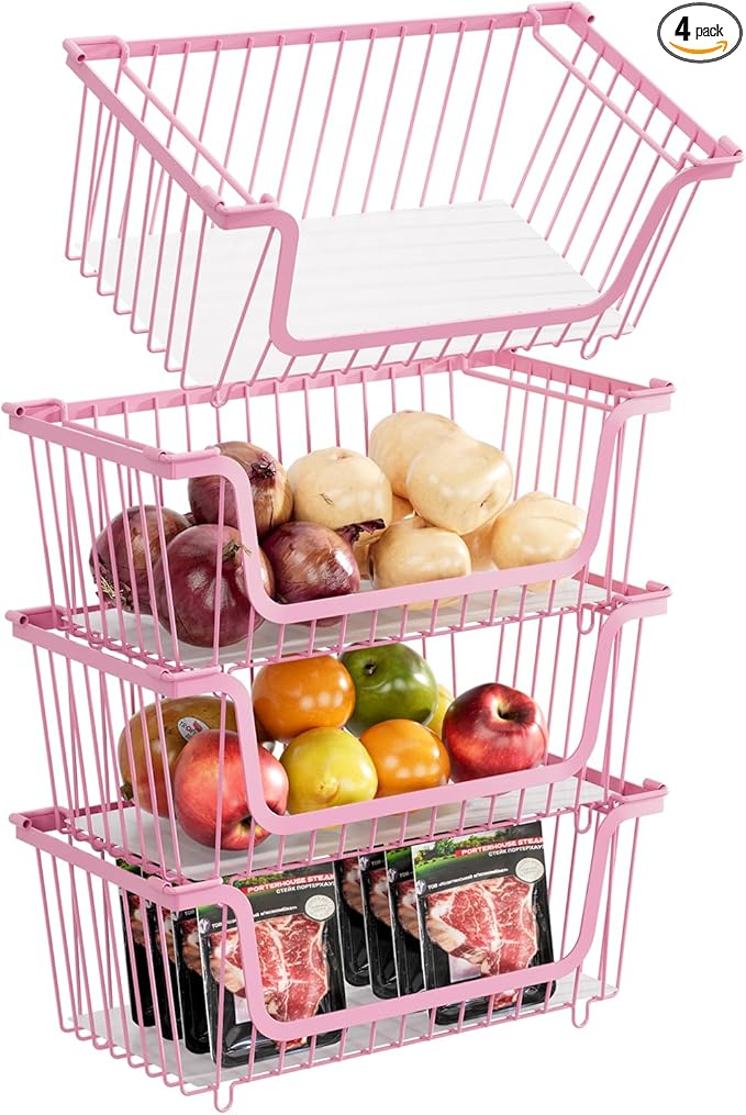 4 Pcs Stackable Wire Baskets for Pantry Organizers and Storage,pink, | Vegetable Fruit Basket for Countertop,Kitchen Storage Metal Baskets,Produce Potato Onion Storage Bin, by GAOKASE