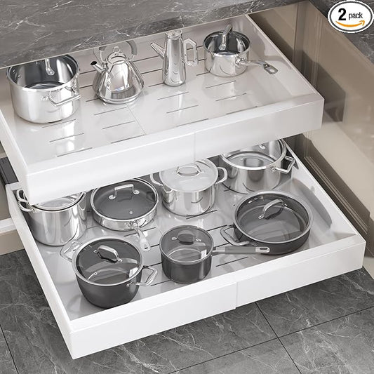 Seinloes 2 Pack Pull Out Cabinet Organizer 18" Deep,Full Extension 3 Slide Rails Slide Out Drawers With Raising Pad for Framed Cabinets,Expandable Width (15.4"-26.2"),No Drill Roll Out shelf,White by Seinloes
