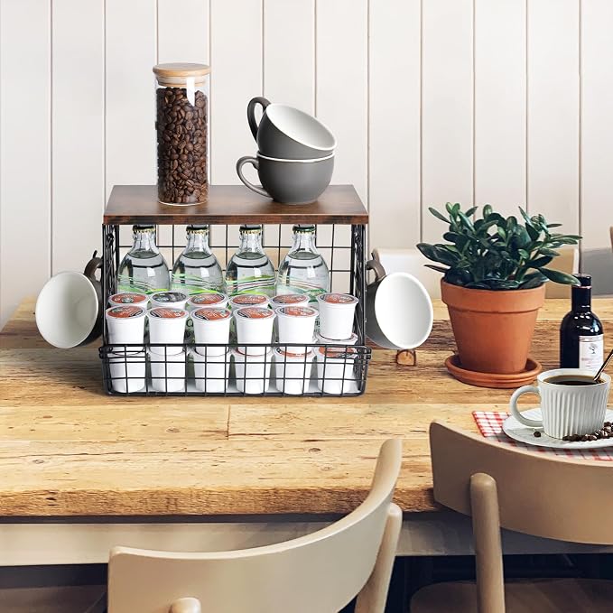 Wawocs Fruit Basket for Kitchen Counter, Fruit Bowl Stackable Wall Mounted Hanging Fruit Basket Wire Basket with Wood Lid with Banana Hanger Hooks, Onion,Potato,Fruit and Vegetable Storage - Image 7