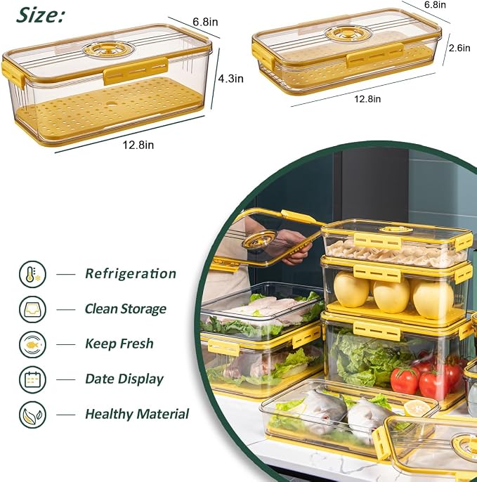 CottonColors Fridge Organizer, Tall & Short, Small, 3.3 L + 1.5 L, 2 Pack | Food Storage Containers With Lids, Timer & Drain Board, Stackable Refrigerator Organizers and Storage - Image 2