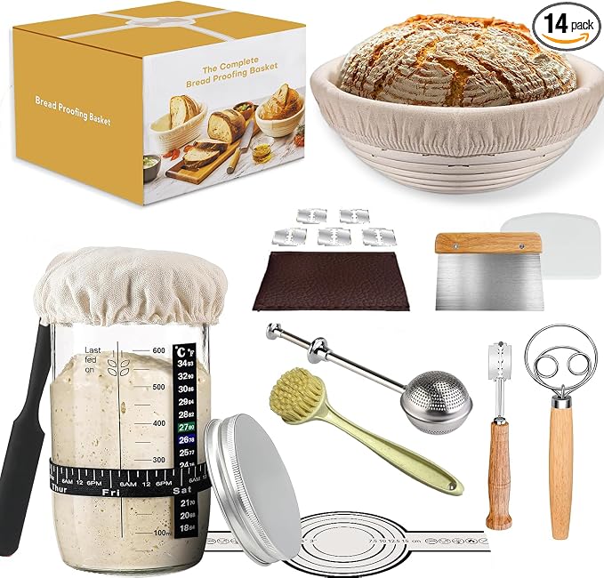 Sourdough Starter Kit, Sourdough Kit Include Banneton Proofing Basket, Sourdough Starter Jar, Bread Lame, Dough Scraper, Dough Whisk Scraper and Silicone Bread Sling by Lubsmuns