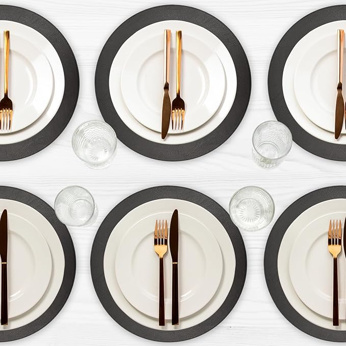 Morgan Faux Leather Round Set of 12 Placemats, 15", Black, Heat Resistant, Stain Resistant, Non-Slip, Reversible, Durable Table Mats for Kitchen, Dining Table, Indoor Washable Use - Image 6