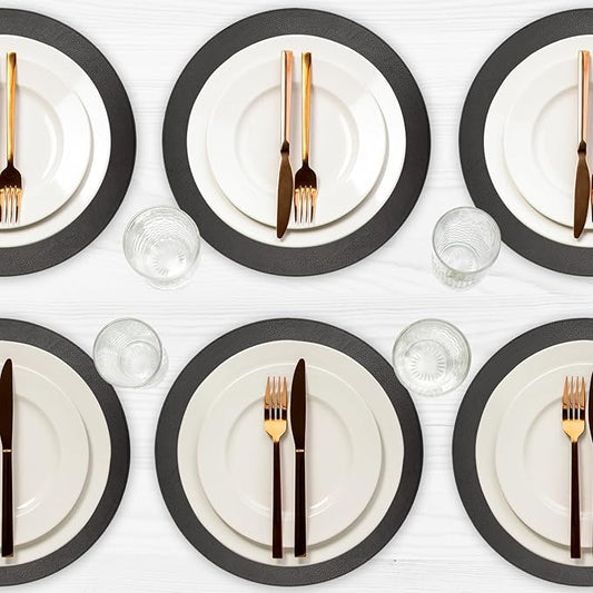 Placemats Set of 6 – Round 15” Faux Leather Table Mats for Dining, Heat Resistant & Non-Slip Washable Table Decor, Indoor, Outdoor, Dining Table Set for 6, Modern Kitchen & Holiday Use,Black by Homewear