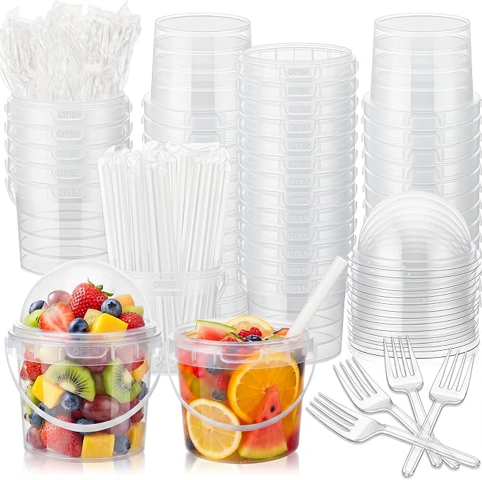 50 Pcs Bucket Cups Bulk Reusable Plastic Drink Buckets with Lids Dome Forks and Straws 24 oz Ice Cream Freezer Food Storage Containers for Popcorn Pail Outdoor Travel Beverage Party Picnic by Purpeak