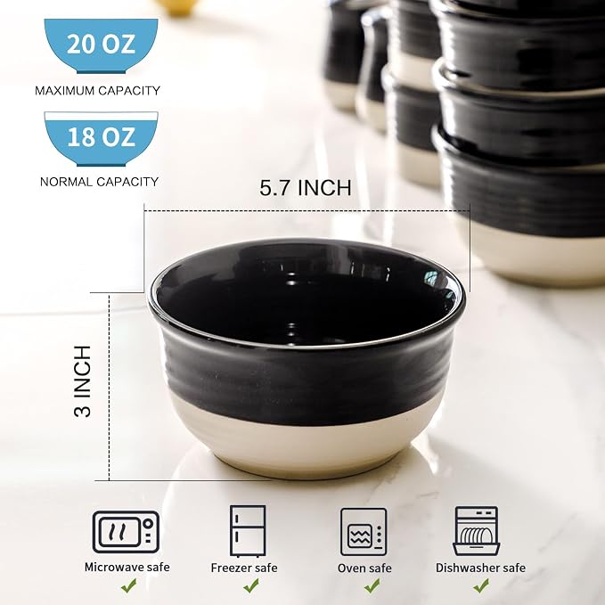 HASENSE Ceramic Cereal & Soup Bowls Set of 6, 20 Oz Black & Beige Stackable Stoneware Bowls, Farmhouse Bowls for Ramen, Salad, Oatmeal & Rice, Dishwasher & Microwave Safe - Image 3