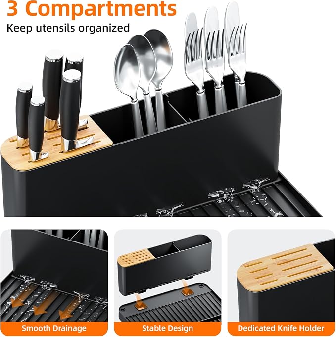 Urackify Extendable Dish Drying Rack, 18.5"-26.7" L x 12.7" W, Black | Multifunctional large dish rack with cup holder and built-in cutlery holder for versatile drying needs - Image 5