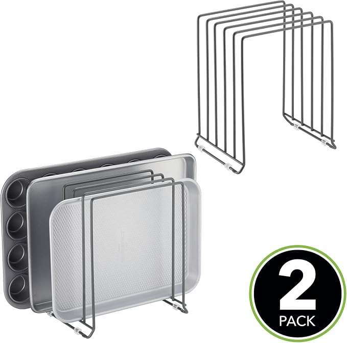 mDesign X-Large Steel Storage Tray Organizer Rack for Kitchen Cabinet, Divided Holder - 5 Slots for Skillets, Frying Pan, Pot Lids, Cutting Board, Baking Sheets, Concerto Collection, 2 Pack, Dark Gray - Image 2