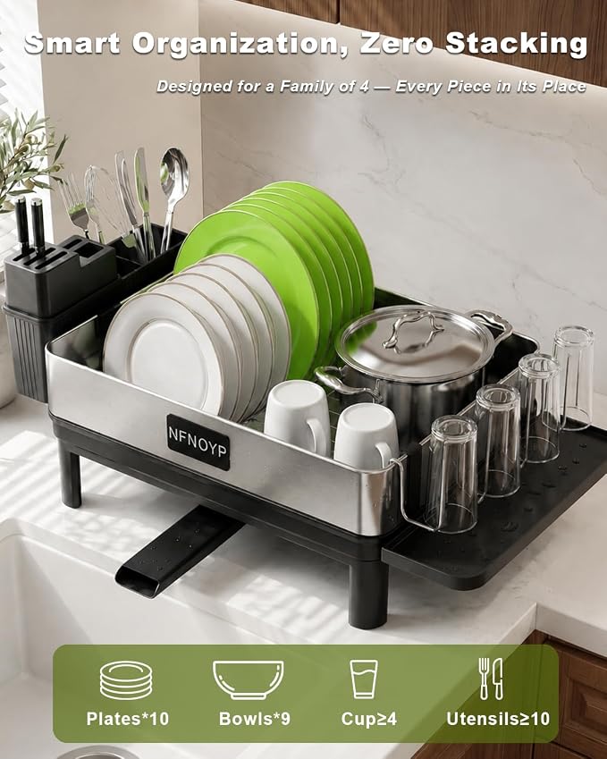 Dish Drying Rack, 304 Stainless Steel Dish Rack and Drainboard Set, Rustproof Dish Drainer with Anti-Pooling Automatic Drainage, Large Capacity Kitchen Counter Organizer, Black - Image 4