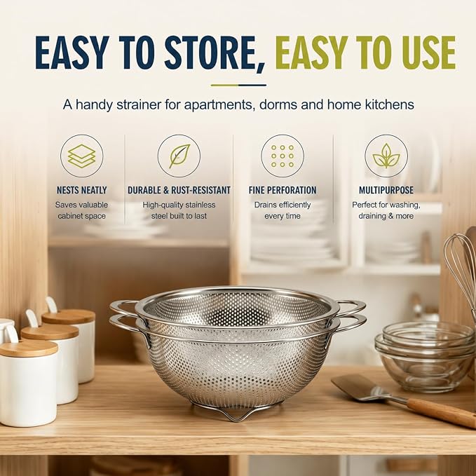 Palksky Small Colander Set of 2, 800 mL / 0.85 Qt Stainless Steel Mini Colanders with Riveted Handles, Footed Base & Micro-Perforations, Berry Wash Bowl for Berries, Fruits, Vegetables & Pasta - Image 7