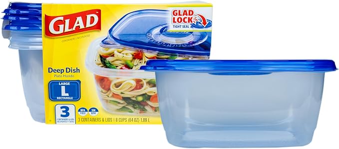 Glad GladWare Deep Dish Food Storage Containers, 64 Oz, 3 Count | Lock-tight seal for soups, salads, and meal prep in a large rectangle format; microwave and dishwasher safe by GladTrashFoodStorage