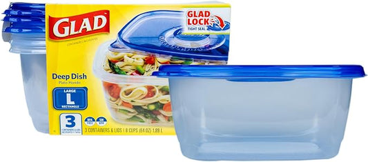 Glad GladWare Deep Dish Food Storage Containers, 64 Oz, 3 Count | Lock-tight seal for soups, salads, and meal prep in a large rectangle format; microwave and dishwasher safe by GladTrashFoodStorage