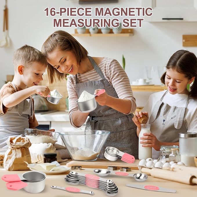 16-Piece Magnetic Measuring Cups and Spoons Set, Stainless Steel, Pink | 7 Silicone-Grip Cups, 8 Metal Spoons, 1 Leveler, US and Metric Marks for Dry & Liquid Ingredients, Kitchen Essentials Gadgets - Image 6