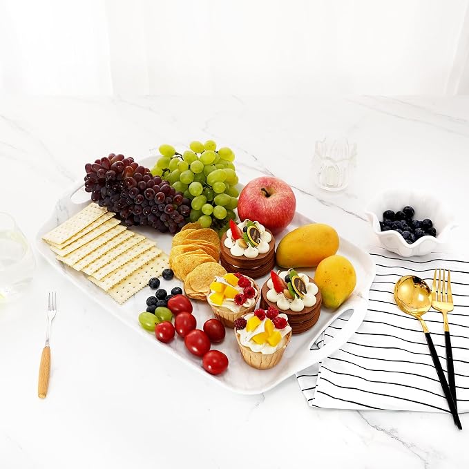 TP Melamine Serving Trays with Handles, 19" x 12", Set of 2, White Marble | Large Rectangular Trays, Serving platters, Turkey and Party Serving, Lightweight, Break-resistant - Image 4