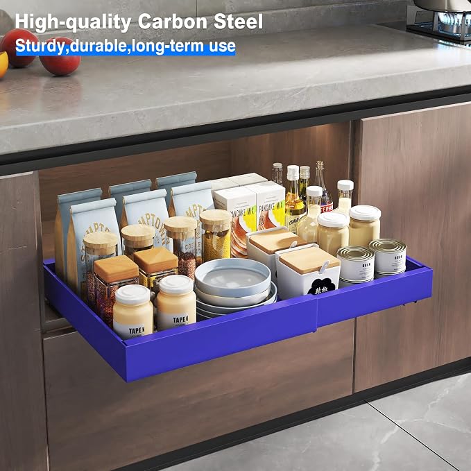 Mustorn 2 Pack Pull Out Cabinet Organizer, Expandable Slide Out Drawers for Kitchen Cabinets Peel and Stick Pullout Drawer Heavy Duty Sliding Shelves for Cupboard, Pantry, Bathroom(16.5" Deep, Blue) - Image 7
