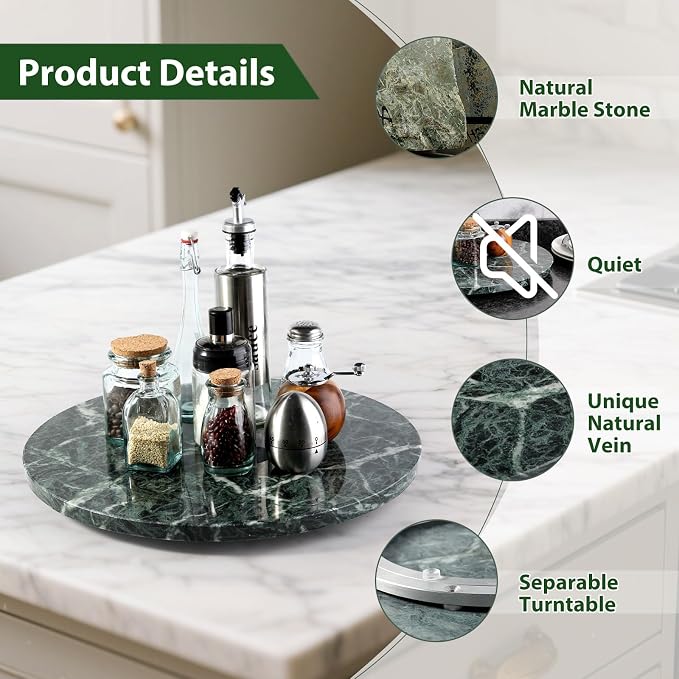 Marble Lazy Susan, 16 in Turntable Organizer for Cabinet Pantry Kitchen Countertop Fridge Bathroom Makeup Vanity Countertop, Detachable Organizer (Indian Green) - Image 3