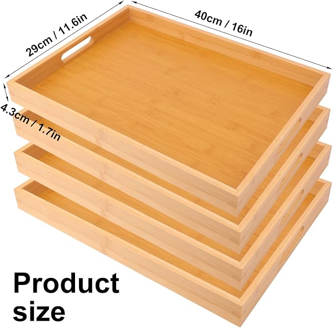 4 Pack Large Bamboo Serving Tray with Handles - 16 x 11.6 Inch Wooden Dinner Tray, Home Kitchen Decorative Tray, Breakfast Trays for Eating on Couch, Lap Trays, Coffee, Kitchen, Picnic - Image 2