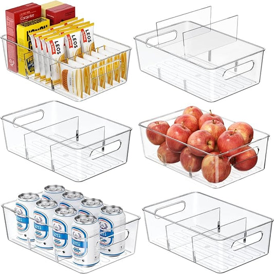 Mpotmiy 6-Pack Pantry Organizers and Storage, Clear Fridge Organizer Bins | Clear stackable plastic bins with removable dividers for packets, snacks, pouches and spices in pantry, fridge or freezer. by Mpotmiy