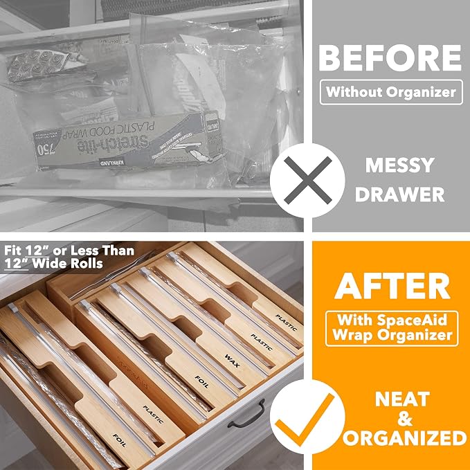 SpaceAid WrapNeat 4 in 1 Wrap Organizer with Cutter and Labels, Plastic Wrap, Aluminum Foil and Wax Bamboo Dispenser for Kitchen Storage Organization Holder for 12" Roll (Natural, 4-Slot) - Image 2