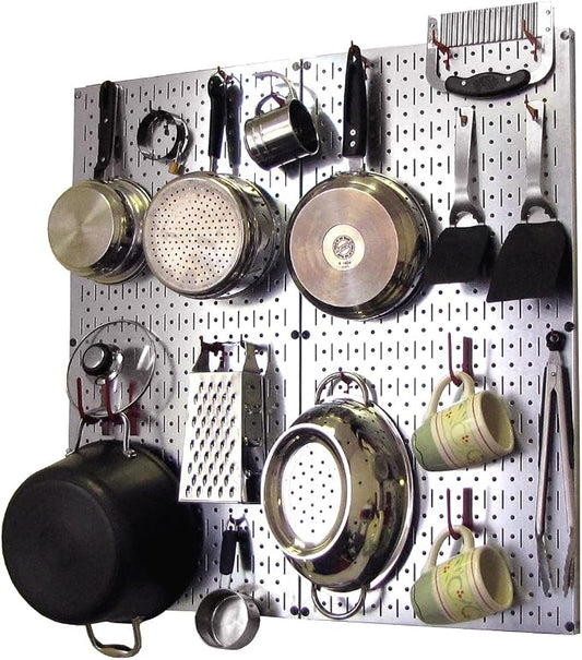 Wall Control Kitchen Pegboard Organizer Pots and Pans Storage Rack and Organization Kit with Metallic Silver Pegboard and Red Accessories by Wall+Control
