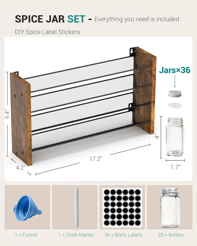 NESAPTO Spice Rack Organizer with 36 Glass Spice Jars, Wood 4-Tier Seasoning Organizer with Labels for Cabinet, Pantry, Countertop or Wall Mount, Chalk Marker and Funnel Set, 17.2" W × 9.4" H - Image 2