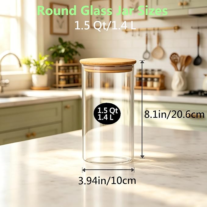 VIEWELLD 1.5 Qt Round Glass Storage Containers with Lids, Clear Food Storage Container Jar with Sealing Bamboo Lid for Noodles Flour Cereal Rice Sugar Tea Coffee Beans, Round Set of 3 - Image 3