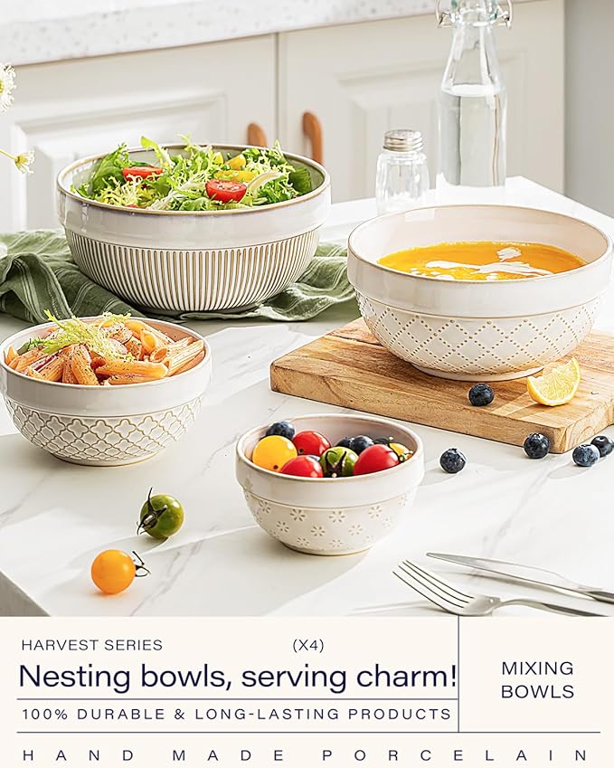 getstar Large Serving Bowls Set of 4, 12/26/42/64 oz Ceramic Stoneware Nesting Bowls Set, Microwave and Dishwasher Safe, Farmhouse Kitchen Versatile Prep Bowls for Fruit Salad Pasta Dessert Cereal - Image 2