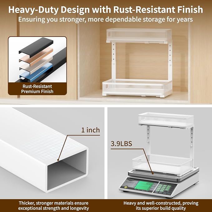 Under Sink Organizer 2 Pack, 2-Tier Slide Out Cabinet Organizer with Metal Sliding Drawer and Hooks, Pull Out Storage Baskets for Kitchen Bathroom Pantry Cabinet Organization (White) - Image 6