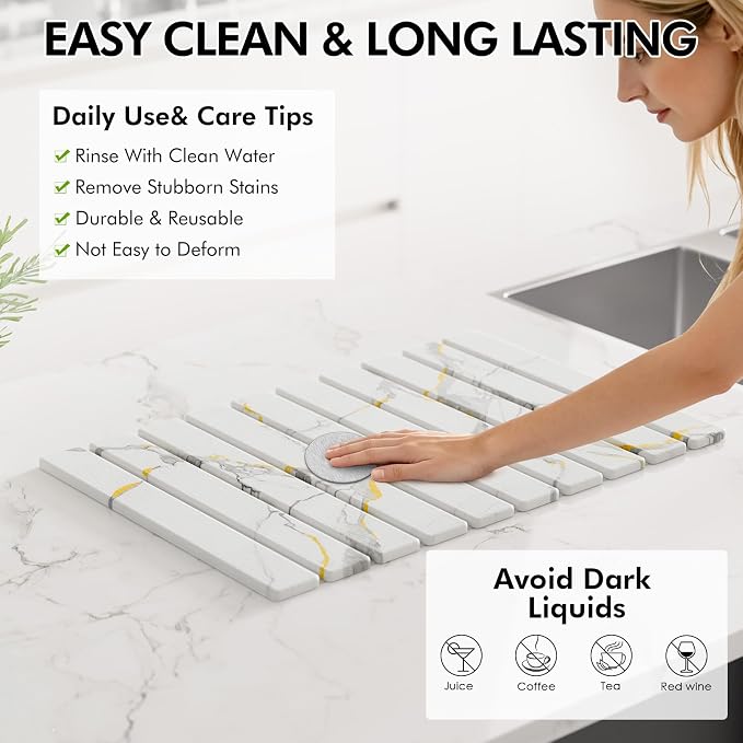 4 Pcs Stone Dish Drying Mat Set, 24''x16'' Fodable Large Diatomaceous Earth Drying Mat, Faucet Mat and 2 Coasters for Kitchen Counter, Super Absorbent Quick Dry Mats for Dishes Bottles Cups - Image 5